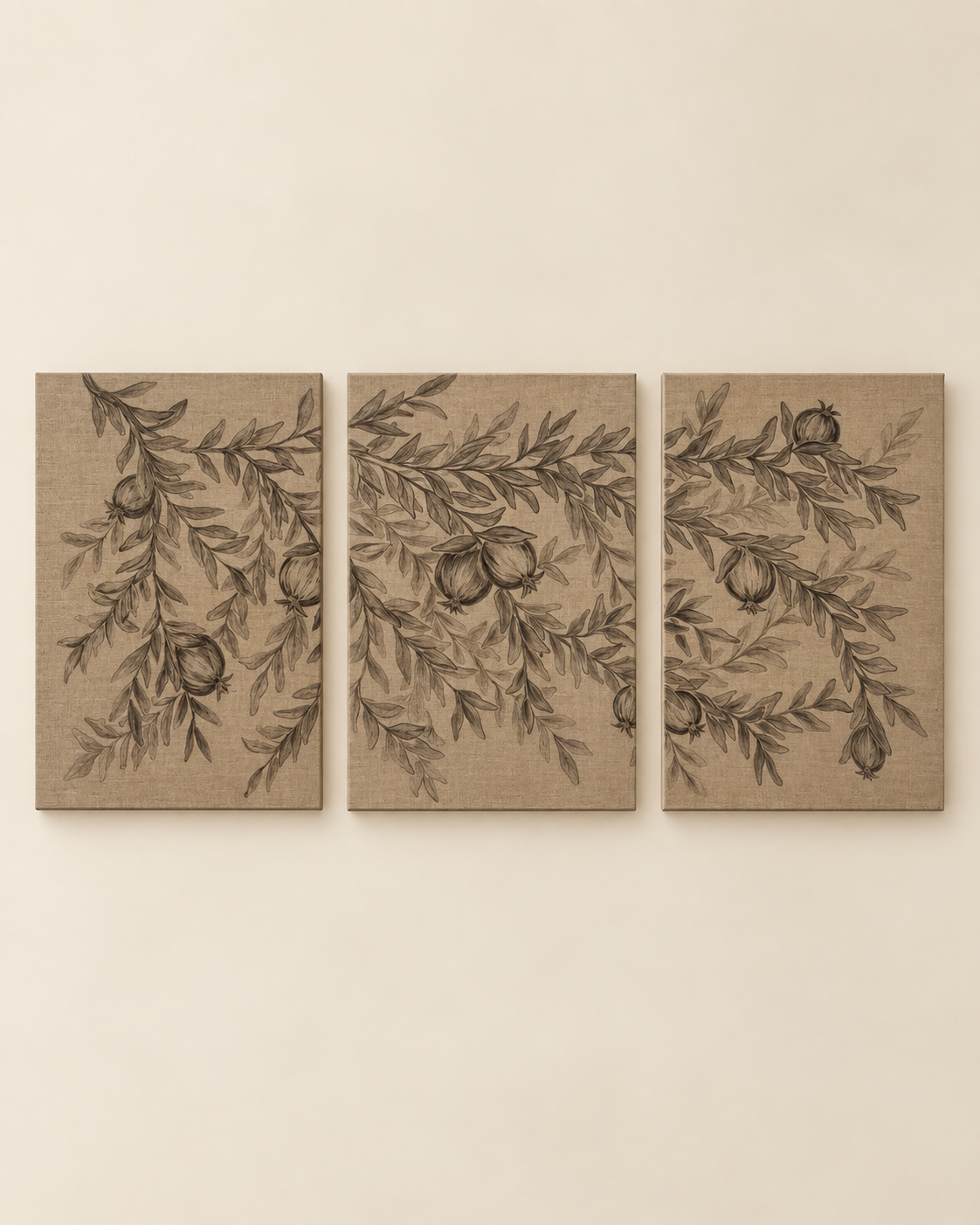 Three vertical canvas wall art panels arranged side by side, featuring a botanical branch pattern with leaves and small round fruit in dark brown on a warm beige background, displayed against a light beige wall.